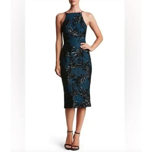 DRESS THE POPULATION Dress Size XS Midi Navy Blue Lace Black Sequin Ashley $258 - Picture 1 of 7